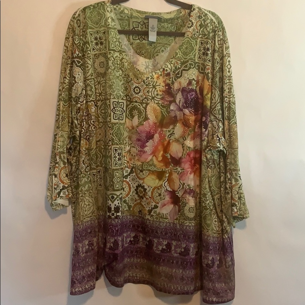 Floral Purple Green Boho Moroccan Blouse Top 5X